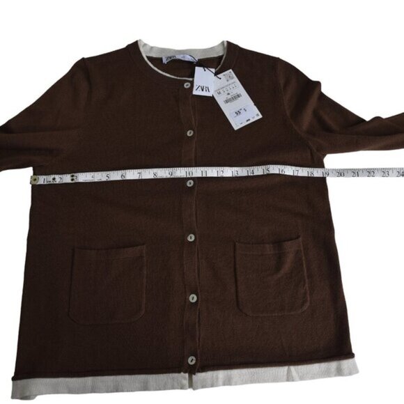 NWT Zara Contrast Trim Knit Cardigan Sweater Brown Long Sleeve Size Medium - Picture 4 of 12